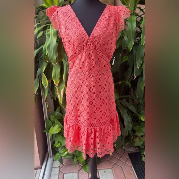 Michael Kors Coral Pink  Lace & Ruffled Mini Dress V-Neck Flutter Sleeves NWT - Picture 3 of 10